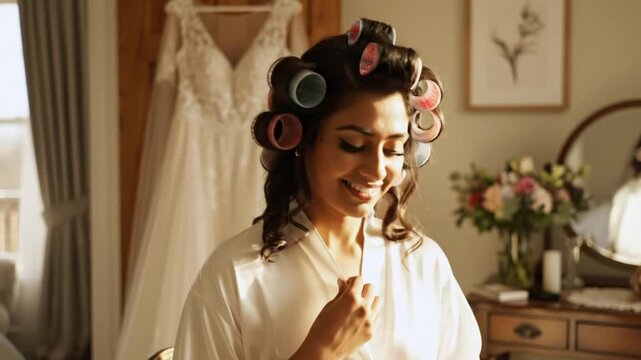 Happy bride wearing rollers and white robe getting ready for her wedding with gown in background