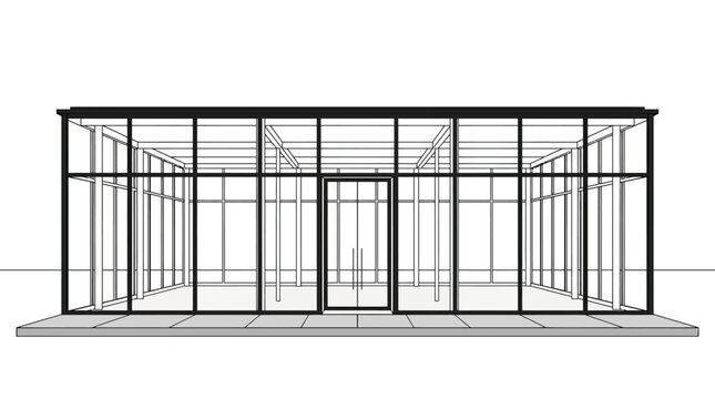 Architectural blueprint of a modern glass building with metal frame