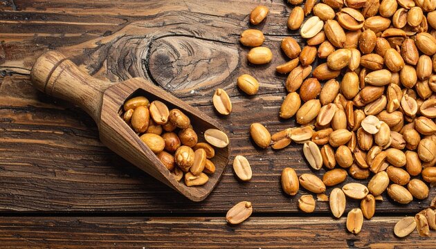 Roasted peanuts rustic wooden surface, no people