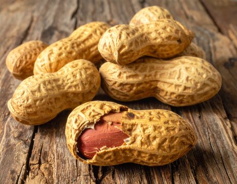 Roasted peanuts rustic wooden surface, no people