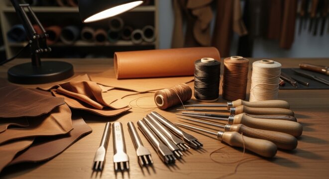 Leatherworking tools and materials laid out on a crafting workbench, ready for artisan projects