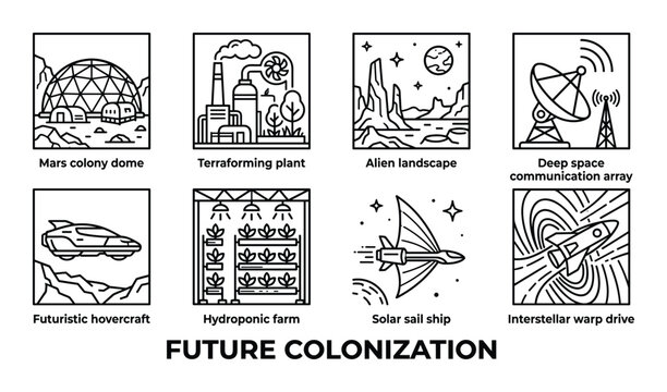 Future colonization line art collection depicting mars dome terraforming plant alien landscape deep space communication.