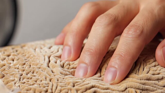 Human hand, touching tactile relief map, exploring surface texture, symbolizing accessibility and navigation for visually impaired, representing tactile experience.