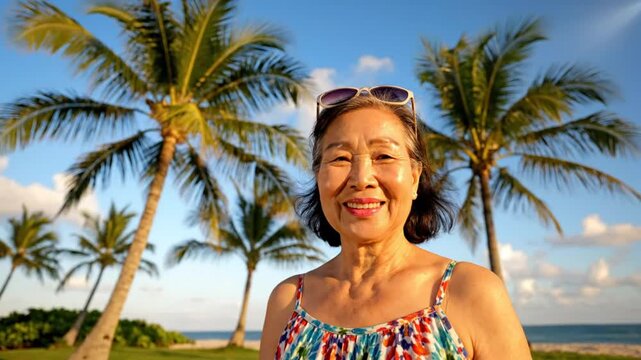 Happy senior woman enjoying tropical vacation smiling at camera in front of palm trees with blue sky and ocean view
