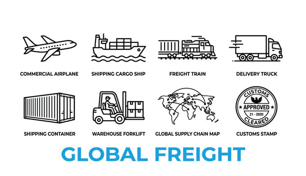 Global freight transport icons including airplane ship train truck container forklift map and customs stamp.