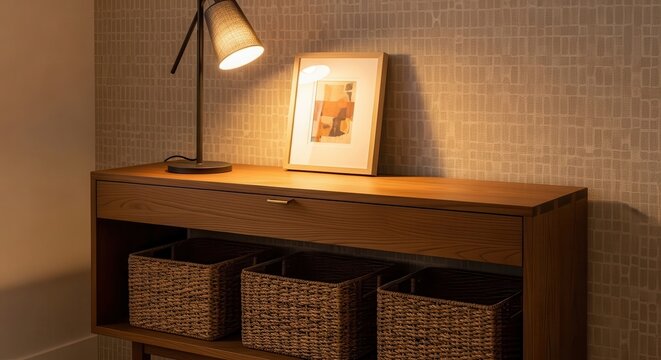 Modern wooden console table with woven baskets, framed art, and a desk lamp creating a cozy interior.