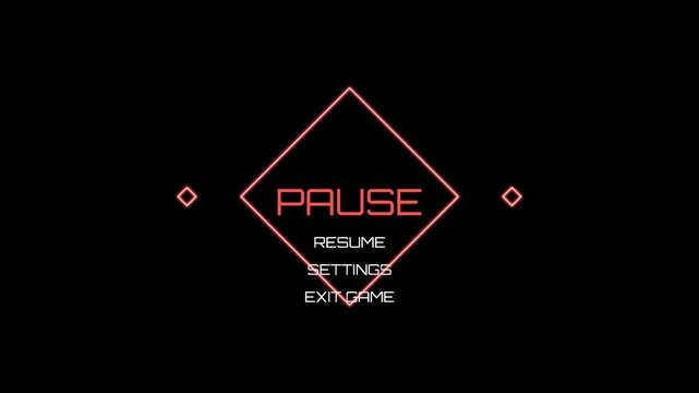 Futuristic neon pause menu with glowing diamond shapes and game options.