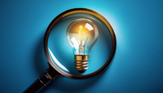 a lit light bulb inside a magnifying glass on a blue surface