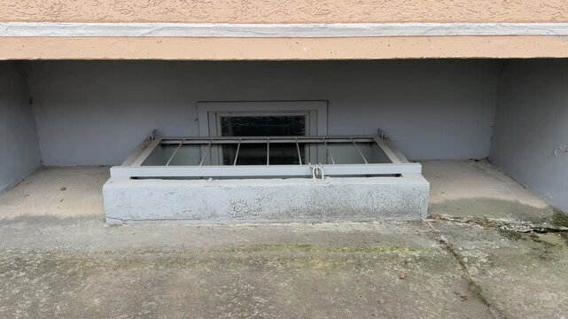 Metal grating on the basement window, concrete ledge under the balcony of a high-rise building, spring daylight, weathered paint, moss on the asphalt, chips