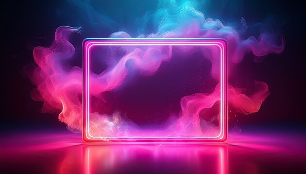 a pink neon square frame surrounded by colorful smoke on a reflective surface with a dark background