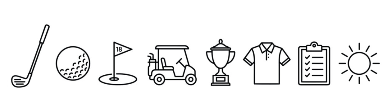Golf equipment icons set club ball flag golf cart trophy shirt checklist sun.