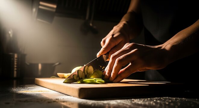 Chef's hands slicing fresh green zucchini on a wooden cutting board in kitchen