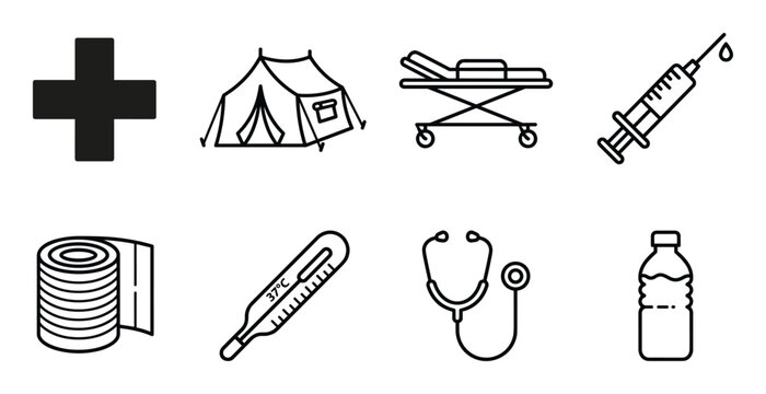 Medical healthcare icons set cross tent stretcher syringe bandage thermometer stethoscope water bottle.