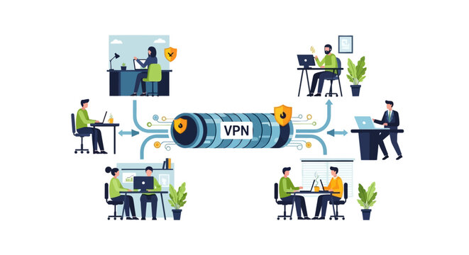 VPN Secure Connection Concept: People Working Remotely with Protected Internet Access and Data Privacy