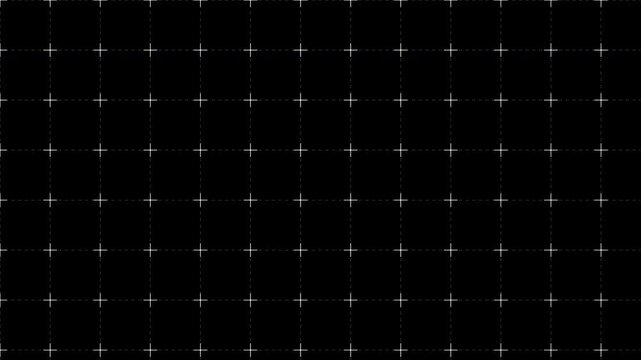 Minimalist digital grid with white crosses and dashed lines over black background motion graphic.