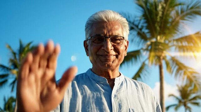Happy senior man with grey hair smiles and waves greeting welcome home in tropical location