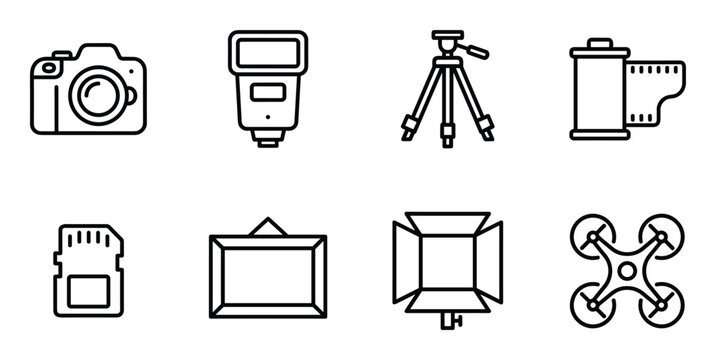 Photography equipment icons set camera flash tripod film roll sd card frame drone light.
