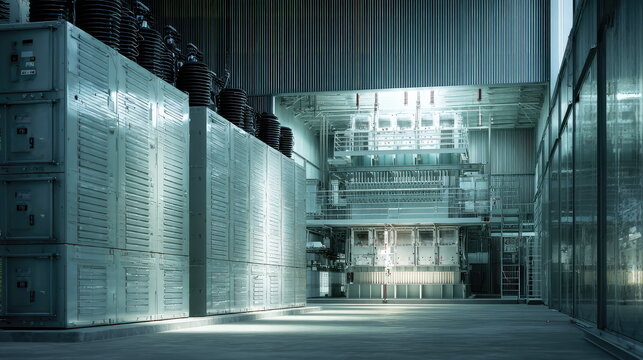 Industrial interior with electrical equipment and production mac