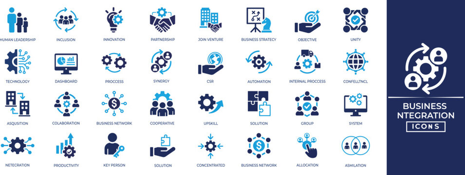 Business integration icon set. Corporate synergy, leadership, collaboration, governance, alliance, network, and partnership solid symbols.