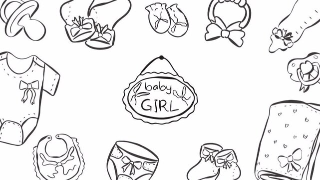 Animated newborn essentials line art forming decorative frame border with blinking effect and wooden baby girl sign at center, red outline on pink background for baby shower and social media content