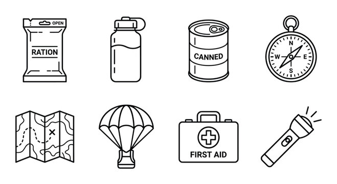 Survival gear and equipment icons for outdoor adventure and emergency preparedness situations.