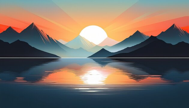 serene mountainscape with sun reflecting upon water a striking minimalist silhouette