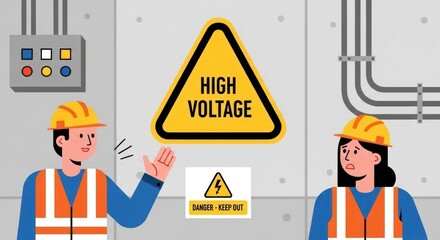 Fototapeta premium Electrical safety workers near high voltage warning sign