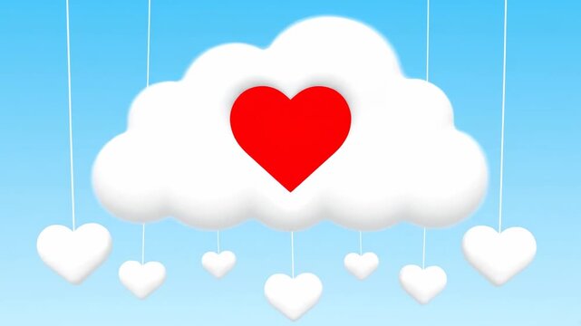 A whimsical scene with a big white cloud featuring a red heart at the center, with dangling white hearts below against a blue gradient sky