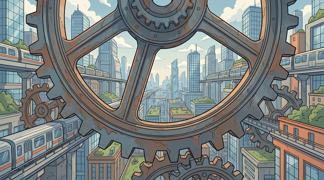 Steampunk cityscape with monorail trains and gears.
