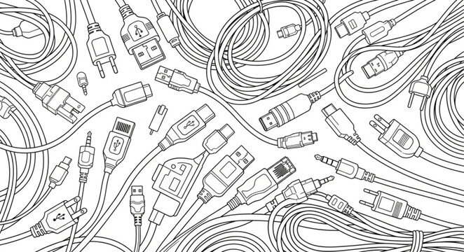 Collection of various electronic cables and connectors in a chaotic arrangement.