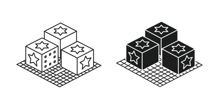 Isometric illustration of star-marked cubes arranged in contrasting color schemes on grid bases