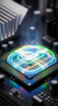 Close-up of a glowing CPU on a motherboard, with intricate circuits and data streams