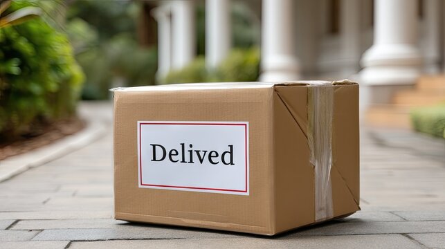 Parcel delivery box placed on a paved pathway in front of a house identified with delivered sticker