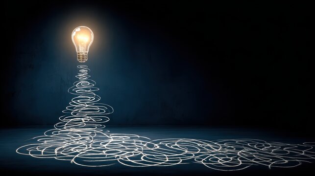 Bright Light Bulb Emits Creativity and Inspiration with Swirling Lines on Dark Background