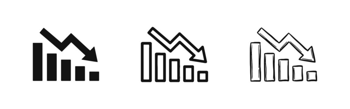 Loss and decline bar chart icon set, downward arrow and business crisis symbol