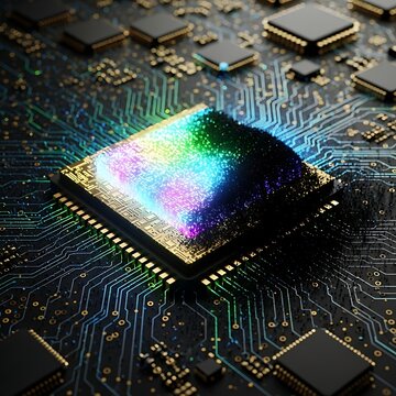 Close-up of a glowing, multicolored processor chip on a complex circuit board