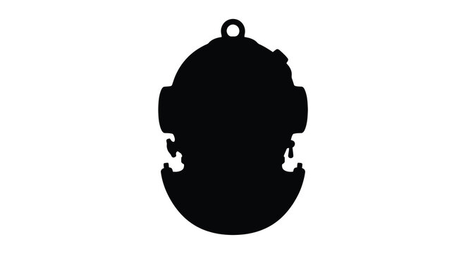 Silhouette of a vintage diving helmet against a stark white background