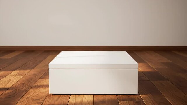 A white box sits centered on a wood floor against a white wall with a brown baseboard