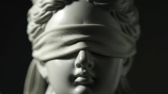 A white, blindfolded statue head illuminated by a dramatic light source