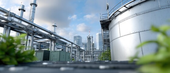 Naklejka premium View of an industrial processing plant with large silver tank, complex piping, and control cabinets under a partly cloudy blue sky