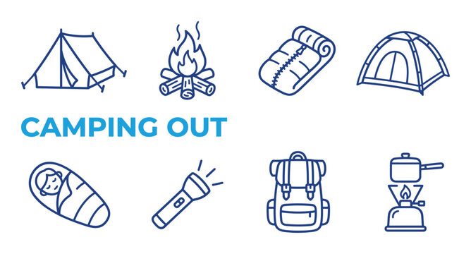Camping and outdoor adventure icons with tents campfire sleeping bag flashlight backpack stove.