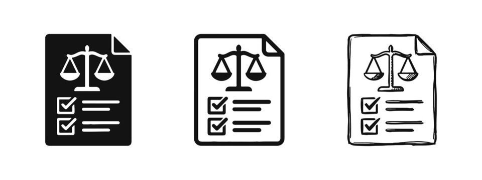 Legal document and justice scale icon set, compliance checklist and law agreement symbol