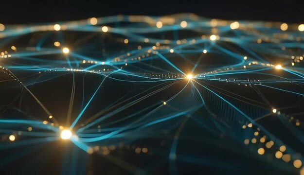 Futuristic dark network background with signal flow and interconnected glowing data nodes