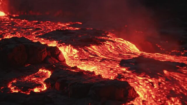 Lava flow gushing and cascading down a rocky surface, a natural display of molten rock at sunset