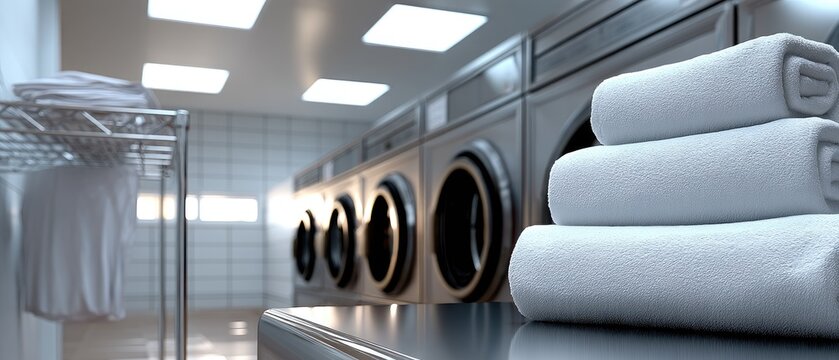 Modern laundry room with silver washing machines and neatly stacked white towels on polished metal surface