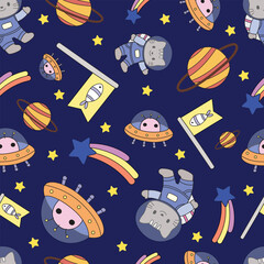 Cute seamless pattern of cat in astronaut suit with planet, ufo and alien vector doodle isolated clip art. Cartoon of space theme pattern for background, print, wrapping paper, children © Amanda