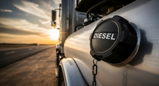 Close-up of a large truck's diesel fuel cap with sunset highway in background