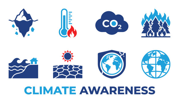 Climate awareness icons in blue color showing global warming and environmental issues concept.