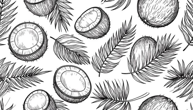 Sketch-style pattern of coconuts and palm leaves on a white background with fine, delicate lines