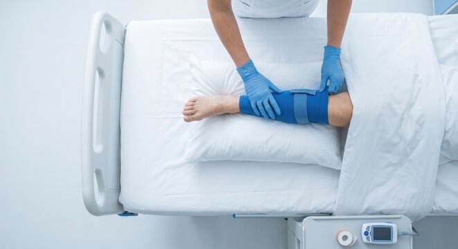 Healthcare worker applying compression sleeve to patient leg